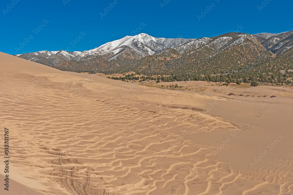 Sand Patterns and Snowy Peaks