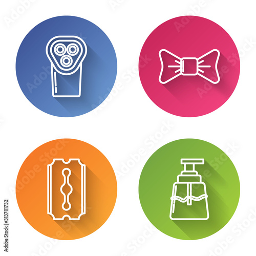 Set line Electrical hair clipper or shaver, Bow tie, Blade razor and Aftershave. Color circle button. Vector