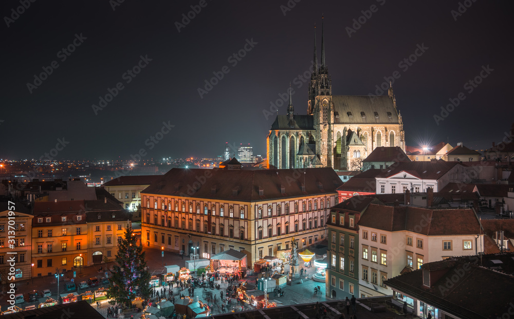 Old Town with Christmas Market and Cathedral of St. Peter and Paul in Brno, Czech Republic as Seen from City Hall Tower at Night Old Town with Christmas Market and Cathedral of St. Peter and Paul in Brno, Czech Republic as Seen from City Hall Tower at Night