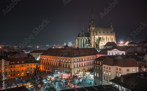 Old Town with Christmas Market and Cathedral of St. Peter and Paul in Brno, Czech Republic as Seen from City Hall Tower at Night