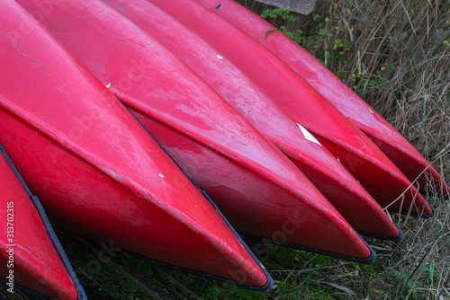 Group of canoes and rental kayak on the canal shore in Zoeterwoude, Leiden, Netherlands photo