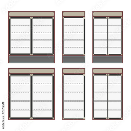 Collection of different commercial refrigerators for stores and supermarket. Empty fridges with shelves inside and glass doors for cooling drinks in shops. Isolated vector illustration.