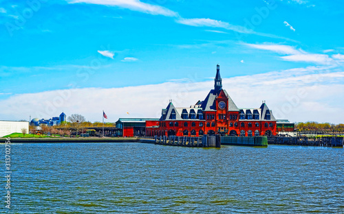 Central Railroad of New Jersey Terminal and Hudson River. View from Manhattan, New York of USA. Skyline and cityscape with skyscrapers at United States of America, NYC, US. American architecture. photo