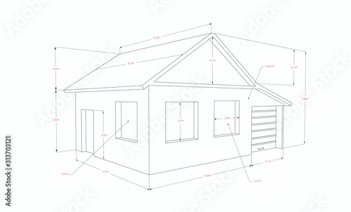 Drawing at home with garage in 3D, with red pointers size, light background