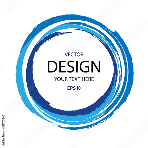 Vector abstract circle painted with blue paint brushes, round frame.