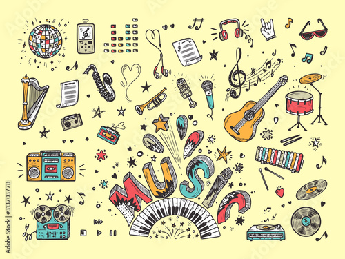 Vector Music icons set. Hand drawn doodle Musical Instruments, Retro musical equipment. Word Music.