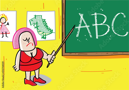 funny school teacher in classroom cartoon vector illustration