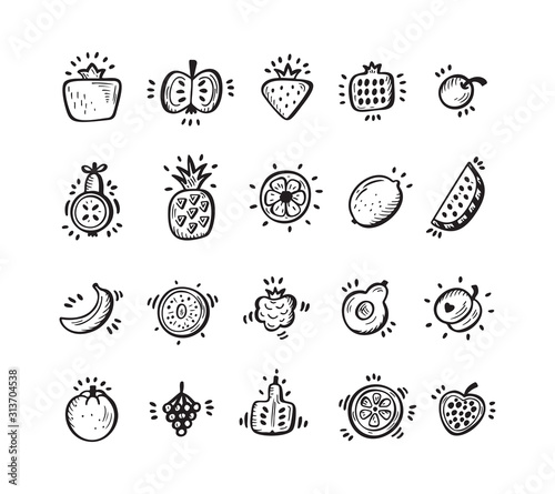 Food set. Doodle Fruits and Berries icons. Vector illustration