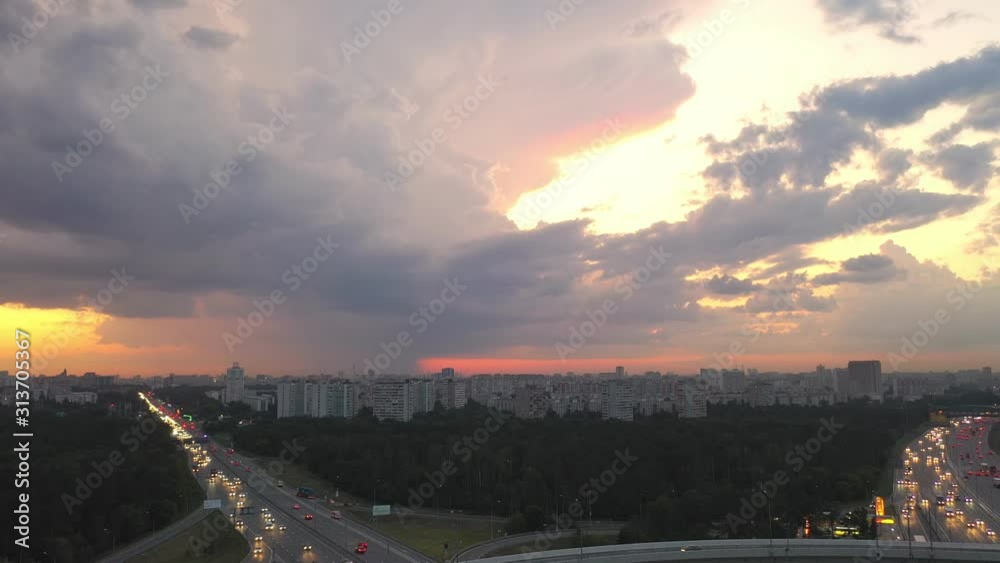 View from the air on the movement of cars on the overpasses at the intersection with the ring road and the exit from the city View from the air on the movement of cars on the overpasses at the intersection with the ring road and the exit from the city