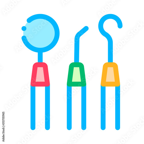 Dentist Stomatology Equipment Tool Vector Icon Sign Thin Line. Angled And Bayonet Probe Tool Device Linear Pictogram. Chairside Assistance Dental Health Service Contour Illustration
