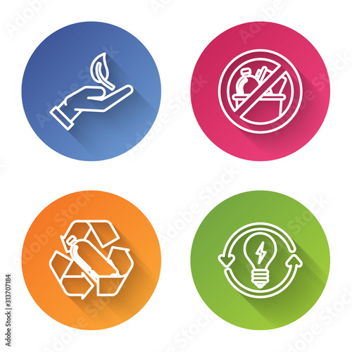Set line Sprout in hand of environmental protection, No trash, Recycling plastic bottle and Recycle and light bulb with lightning symbol. Color circle button. Vector