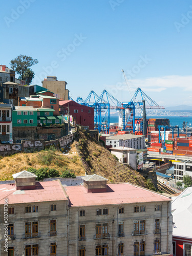 View on Cityscape of historical city Valparaiso, Chile. The colorful houses and hectic street in Valparaiso.