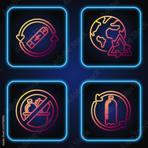 Set line Recycling plastic bottle, No trash, Battery with recycle symbol line and Planet earth and a recycling. Gradient color icons. Vector