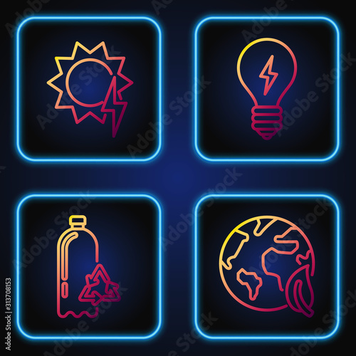 Set line Earth globe and leaf, Recycling plastic bottle, Solar energy panel and Light bulb with lightning symbol. Gradient color icons. Vector
