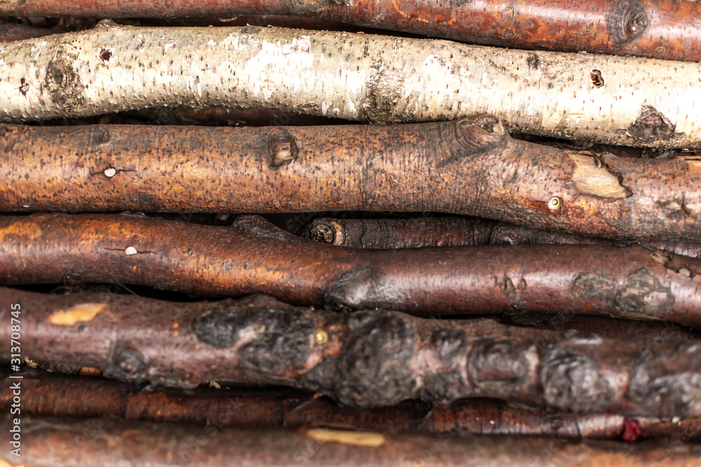 Chopped firewood logs in rows. Wood texture