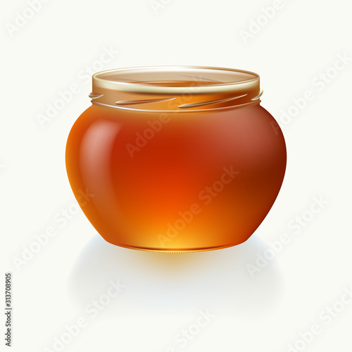 Jar of honey. Realistic vector drawing of a jar of honey isolated on a white background. Vector design element for beekeeping business.