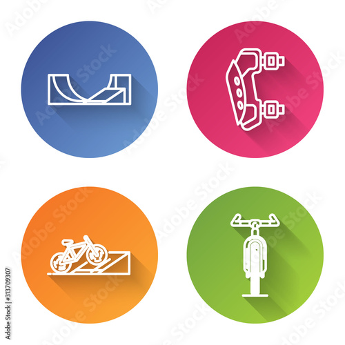 Set line Skate park, Knee pads, Bicycle on street ramp and Bicycle. Color circle button. Vector