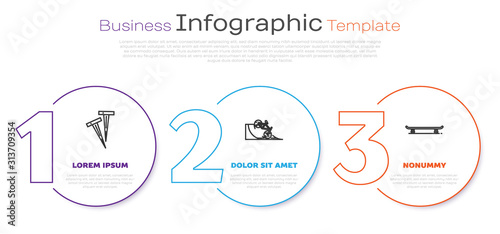 Set line Pegs for tents, Bicycle on street ramp and Skateboard. Business infographic template. Vector
