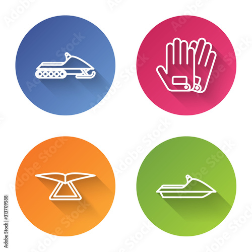 Set line Snowmobile, Gloves, Hang glider and Jet ski. Color circle button. Vector