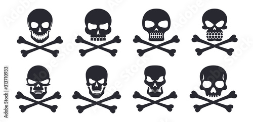 Different human skull symbols with crossbones vector illustration icons