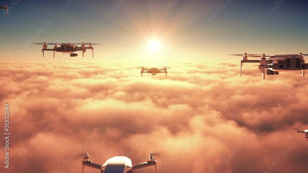 Flight Of Army Of Drones Above The Clouds Against The Backdrop Of The Rising Sun. 4K. Ultra High Definition. 3840x2160. 3D Animation.