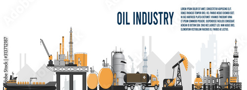 Leinwand Poster Gas oil industry platform Banner with Outbuildings, Oil storage tank
