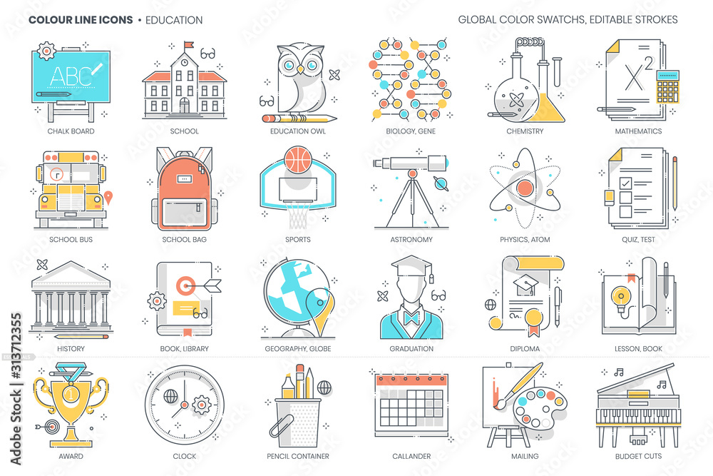 Education, school related, color line, vector icon, illustration set.