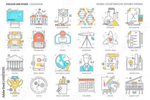 Education, school related, color line, vector icon, illustration set.