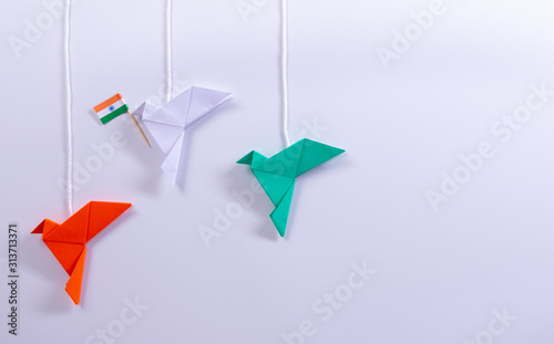 Top view of orange bird,  green bird, white bird and symbol Flag of India on white background. Indian  Republic day or Indian independence Day.