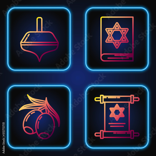 Set line Torah scroll, Olives branch, Hanukkah dreidel and Jewish torah book. Gradient color icons. Vector