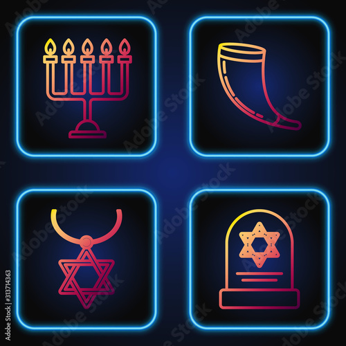 Set line Tombstone with star of david, Star of David necklace on chain, Hanukkah menorah and Traditional ram horn, shofar. Gradient color icons. Vector