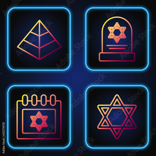 Set line Star of David, Jewish calendar with star of david, Egypt pyramids and Tombstone with star of david. Gradient color icons. Vector