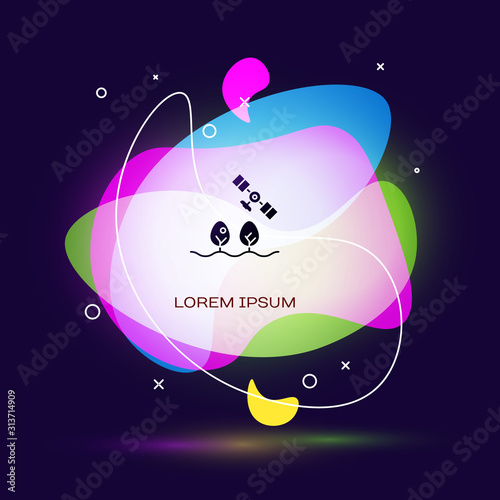 Black Smart farm with drone control and tree icon isolated on blue background. Innovation technology for agricultural company. Abstract banner with liquid shapes. Vector Illustration