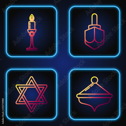 Set line Hanukkah dreidel, Star of David, Burning candle in candlestick and Hanukkah dreidel. Gradient color icons. Vector