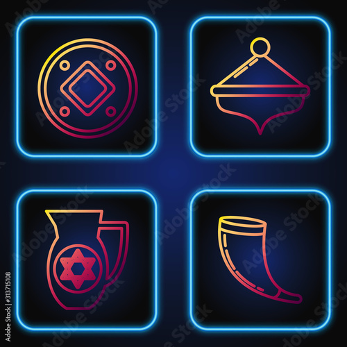 Set line Traditional ram horn, shofar, Decanter with star of david, Jewish coin and Hanukkah dreidel. Gradient color icons. Vector