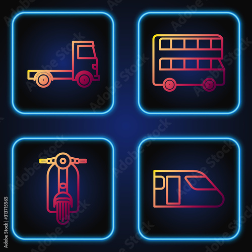 Set line Train, Scooter, Delivery cargo truck vehicle and Double decker bus. Gradient color icons. Vector