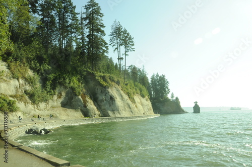 View of cliffs and trees right by the sea