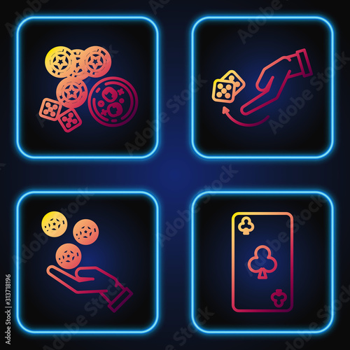 Set line Playing card with clubs symbol, Hand holding casino chips, Casino chips, game dice and glass of whiskey with ice cubes and Human hand throwing game dice. Gradient color icons. Vector