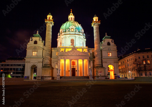 St Charles Church in Vienna illuminated in the night 