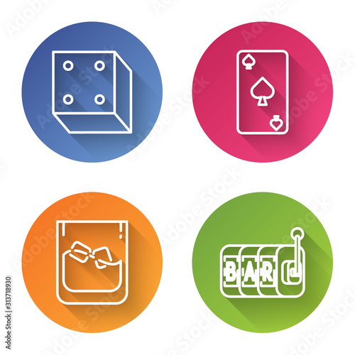 Set line Game dice, Playing card with spades symbol, Glass of whiskey and ice cubes and Slot machine. Color circle button. Vector