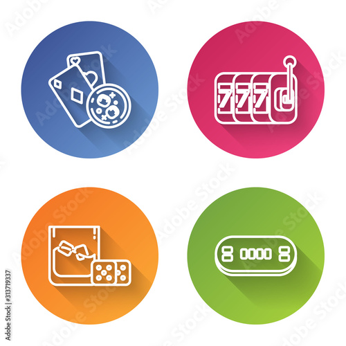 Set line Playing cards and glass of whiskey with ice cubes, Slot machine with lucky sevens jackpot, Game dice and glass of whiskey with ice cubes and Poker table. Color circle button. Vector