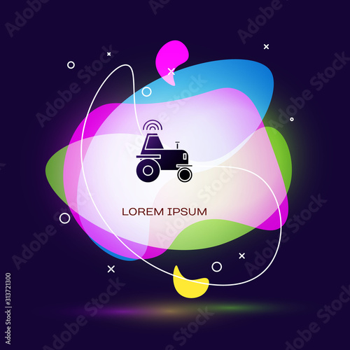 Black Self driving wireless tractor on a smart farm icon isolated on blue background. Smart agriculture implement element. Abstract banner with liquid shapes. Vector Illustration