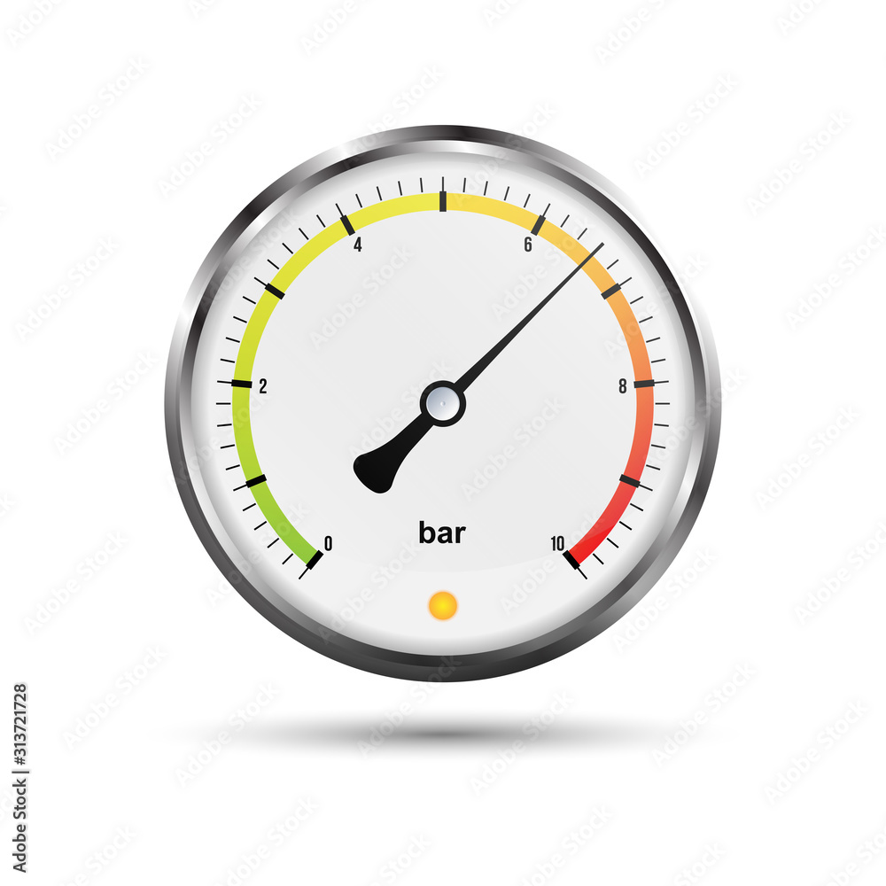 Realistic Pressure Gauge for measuring pressure in white color and metal. Flat Vector Illustration EPS 10