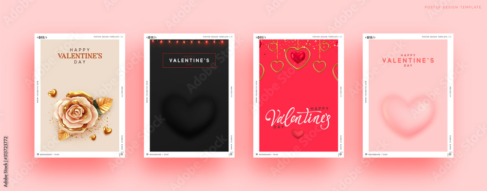 Fototapeta premium Valentines Day Set of Holiday Gift Card. Romantic banners, web poster, flyers and brochures, greeting cards, group bright covers. Design with realistic decoration objects. wedding invitations