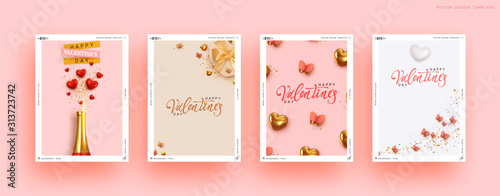 Valentines Day Set of Holiday Gift Card. Romantic banners, web poster, flyers and brochures, greeting cards, group bright covers. Design with realistic decoration objects. wedding invitations