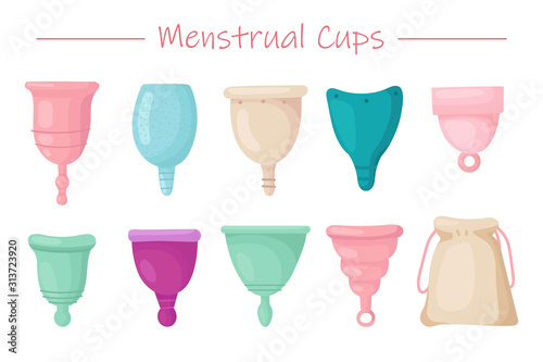 Big collection of different silicone menstrual cups. Cartoon vector illustration icons in set. photo