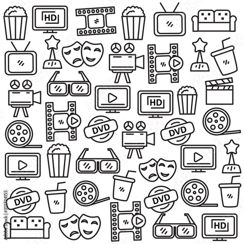 Set of cinema & movie related doodles vector illustration. Cinema doodle background 