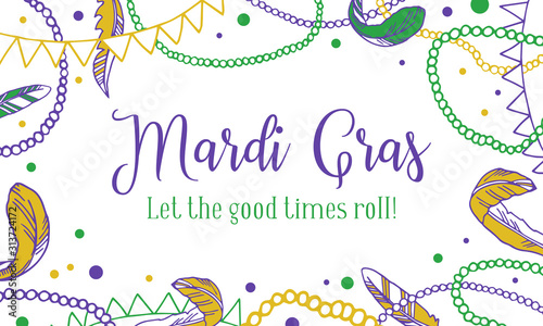 Mardi Gras greeting design template. Rectangular frame with beads and feathers. Vector hand drawn sketch illustration