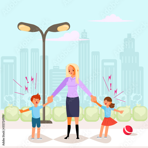 Tired woman with capricious children