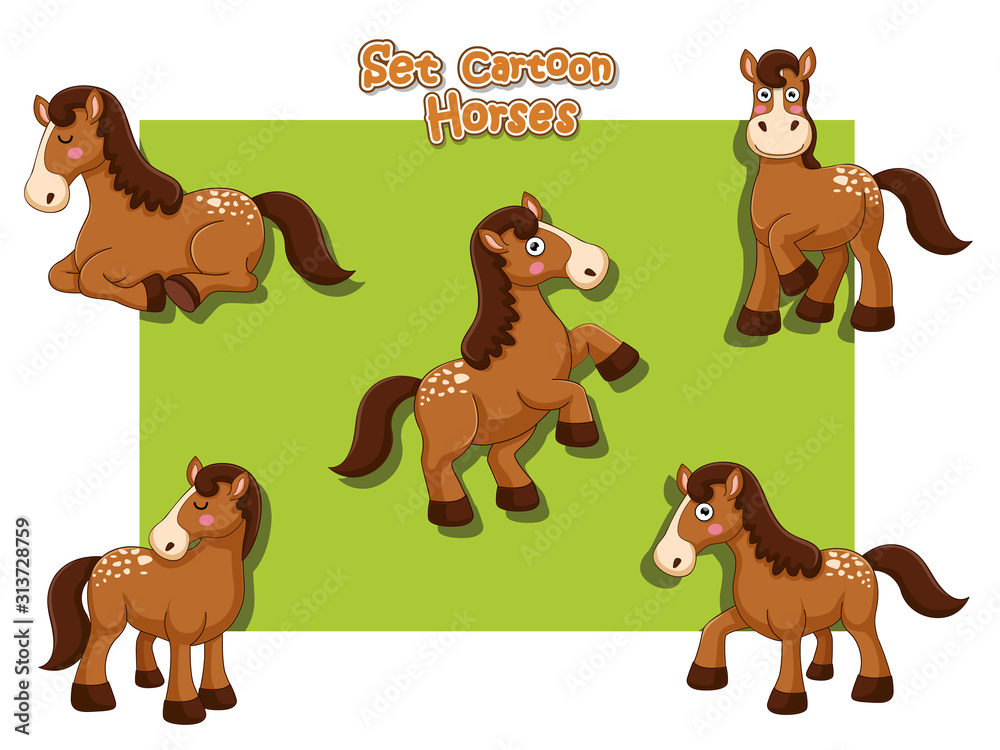 Cute Horses Cartoon Characters Set. Vector illustration With Cartoon Funny Animal Frame